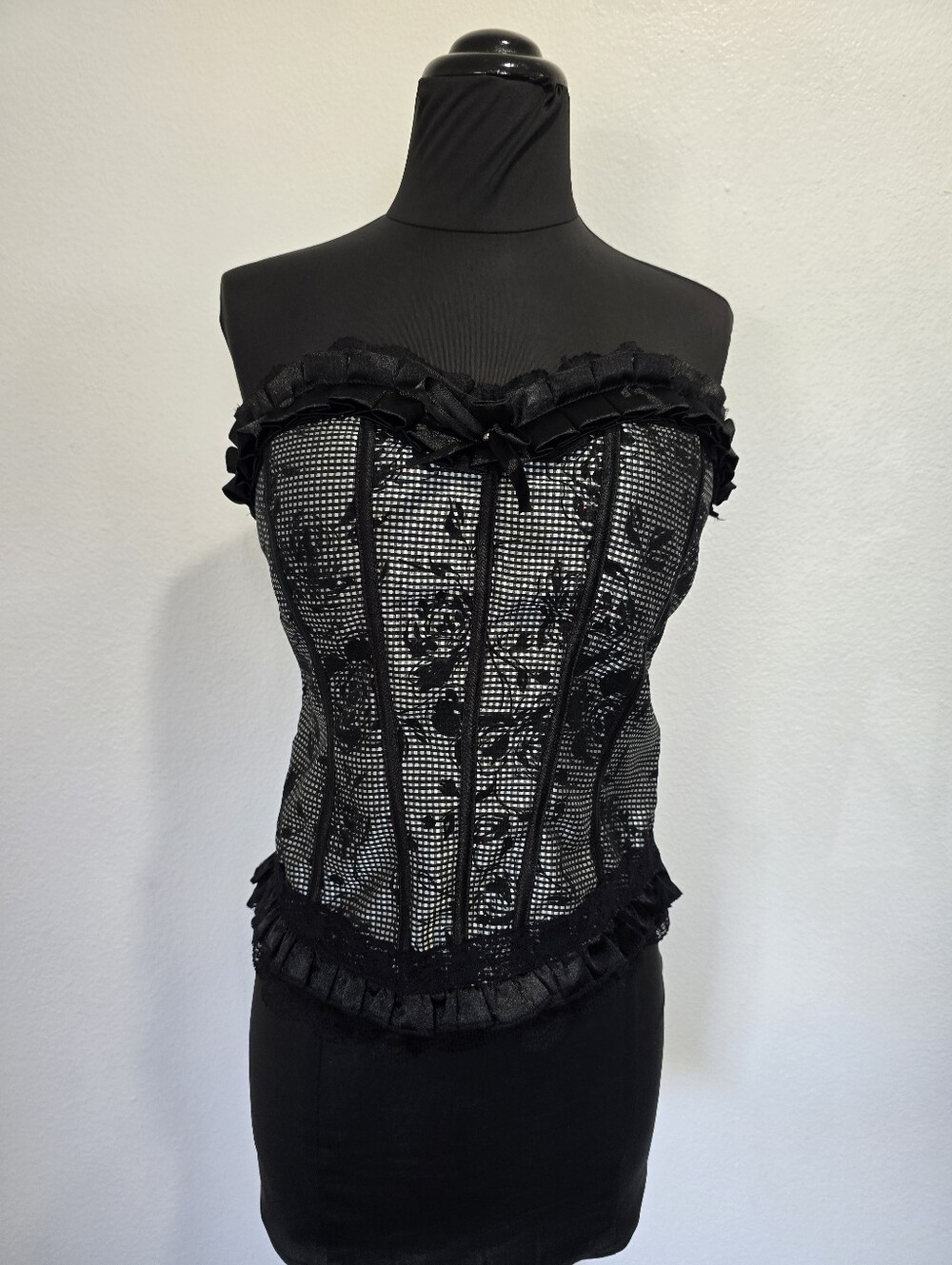 Goth Black Strapless Lace Overlay Corset Top
